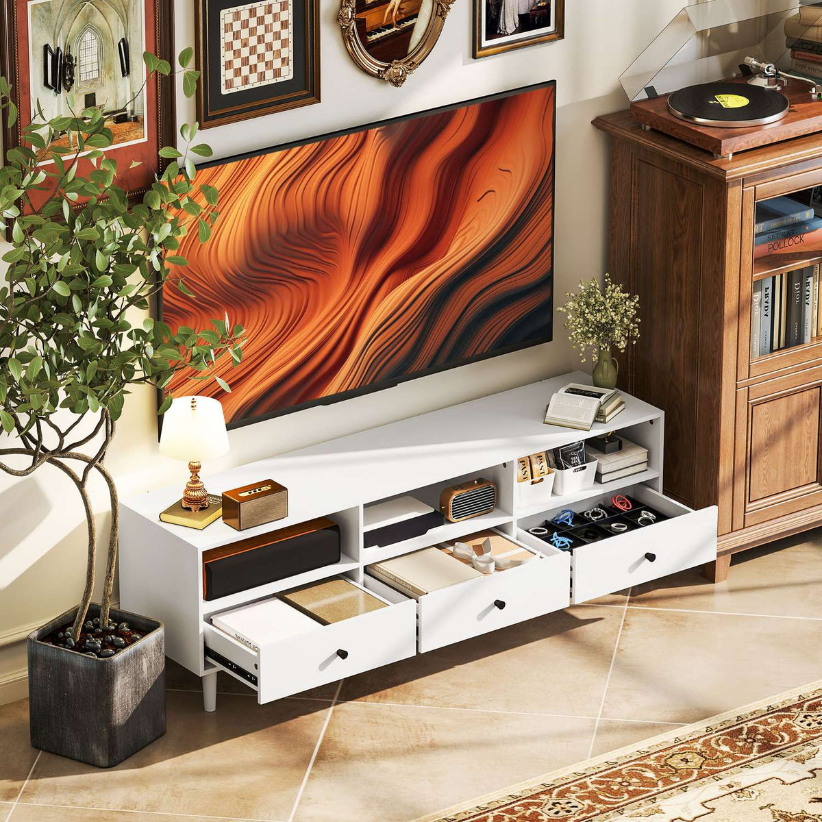 TV cabinet TV board with drawers, 3 open compartments 140 cm long TV lowboard with cable management for TVs up to 75 inches TV table for living room white 140x34x45cm