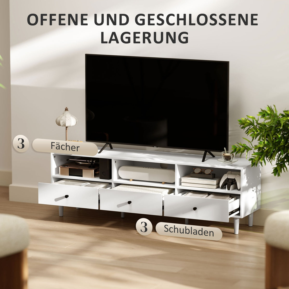 TV cabinet TV board with drawers, 3 open compartments 140 cm long TV lowboard with cable management for TVs up to 75 inches TV table for living room white 140x34x45cm