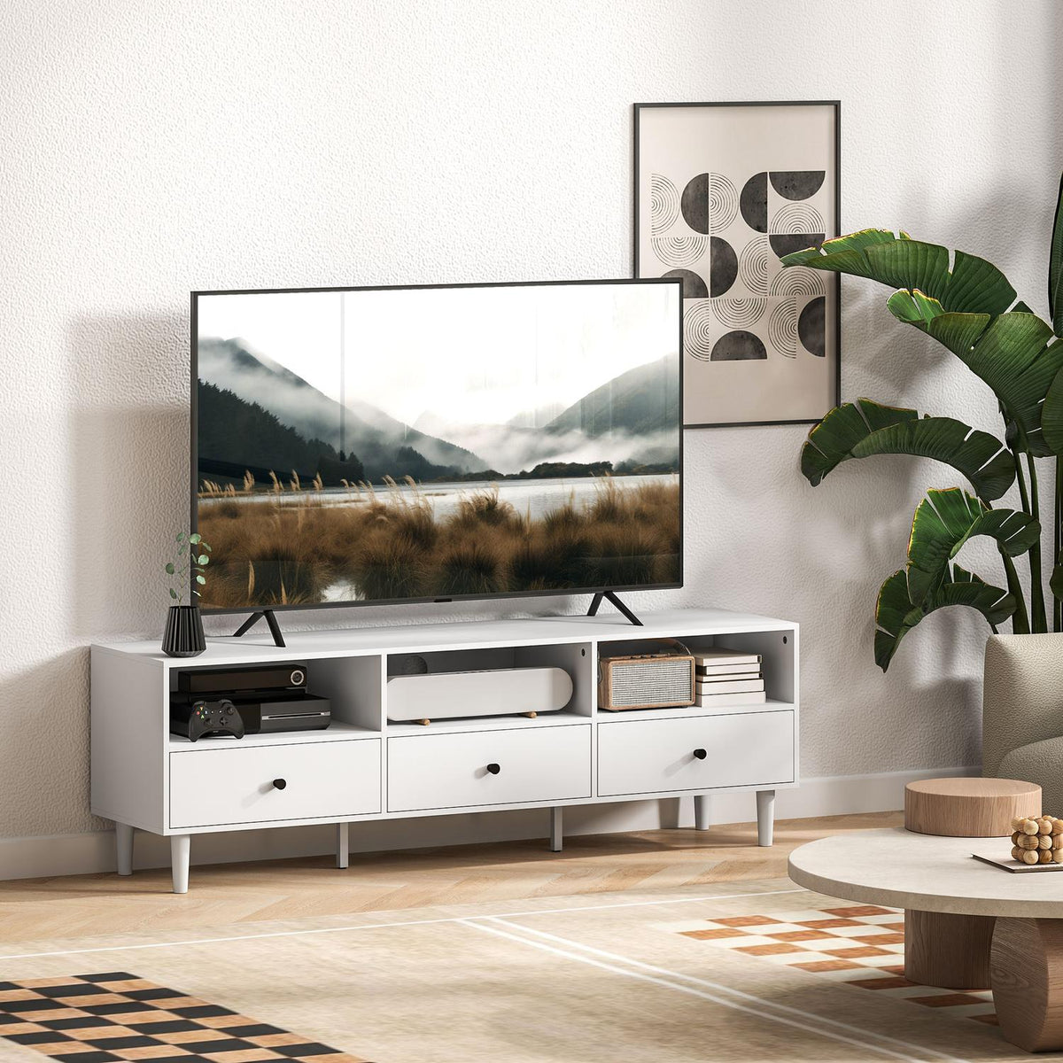 TV cabinet TV board with drawers, 3 open compartments 140 cm long TV lowboard with cable management for TVs up to 75 inches TV table for living room white 140x34x45cm