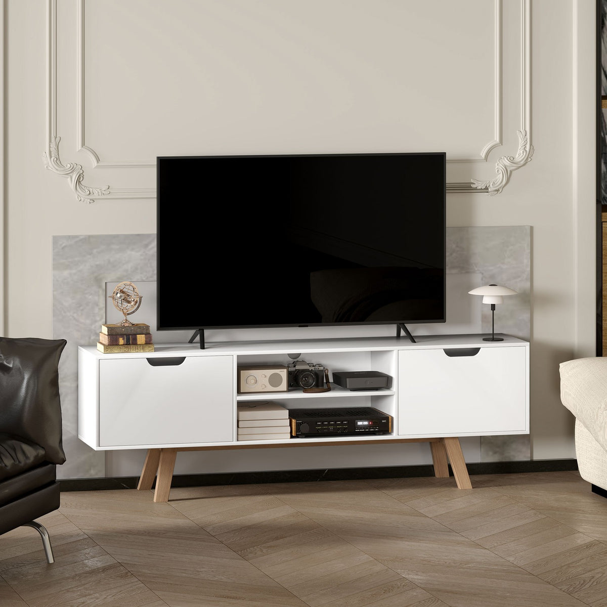 TV cabinet, TV stand for televisions up to 65 inches, lowboard with 2 cabinets and 2 shelves, TV cabinet for living room, 150 x 39 x 50 cm white