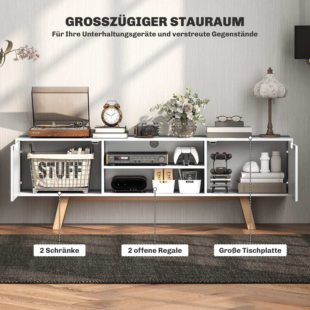 TV cabinet, TV stand for televisions up to 65 inches, lowboard with 2 cabinets and 2 shelves, TV cabinet for living room, 150 x 39 x 50 cm white