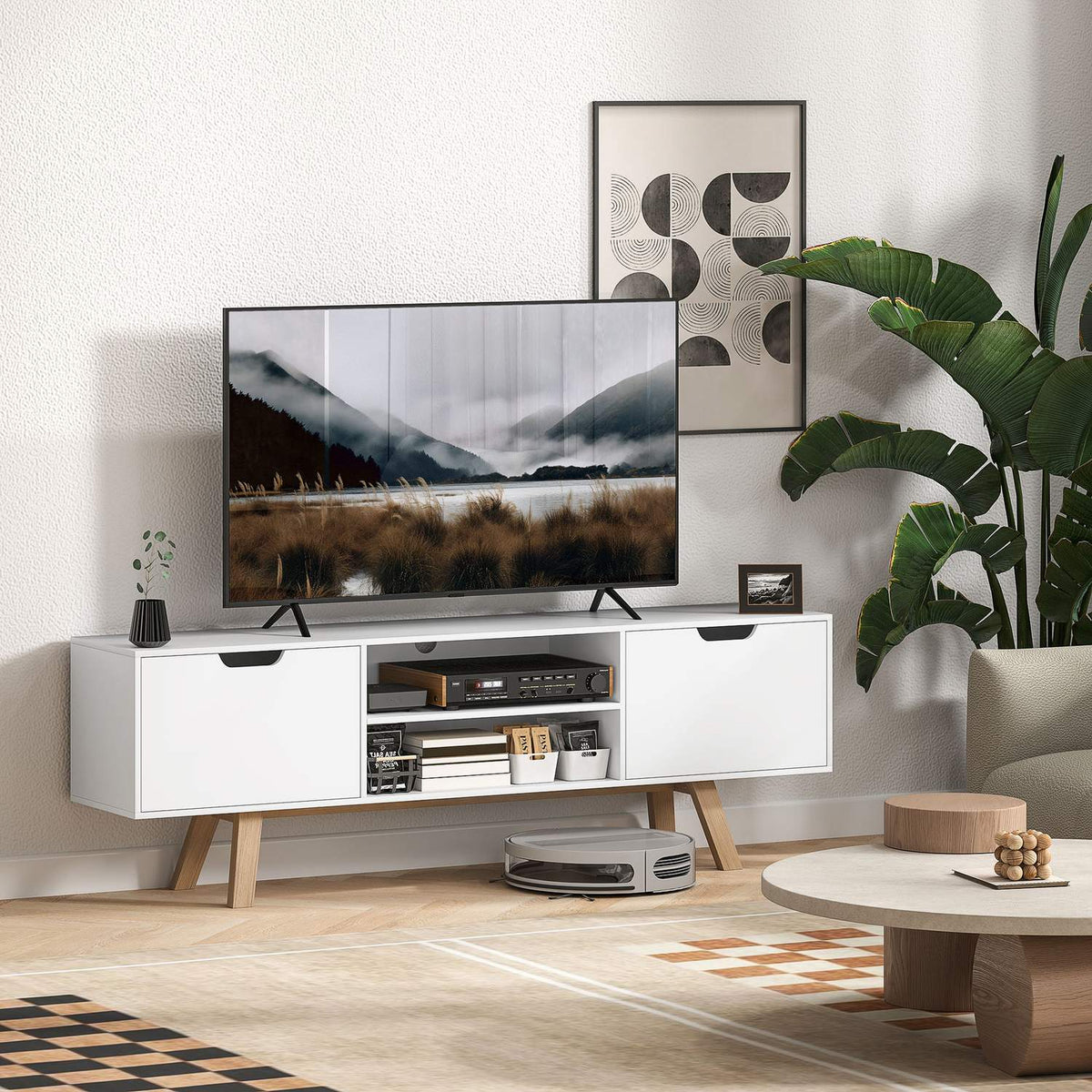 TV cabinet, TV stand for televisions up to 65 inches, lowboard with 2 cabinets and 2 shelves, TV cabinet for living room, 150 x 39 x 50 cm white