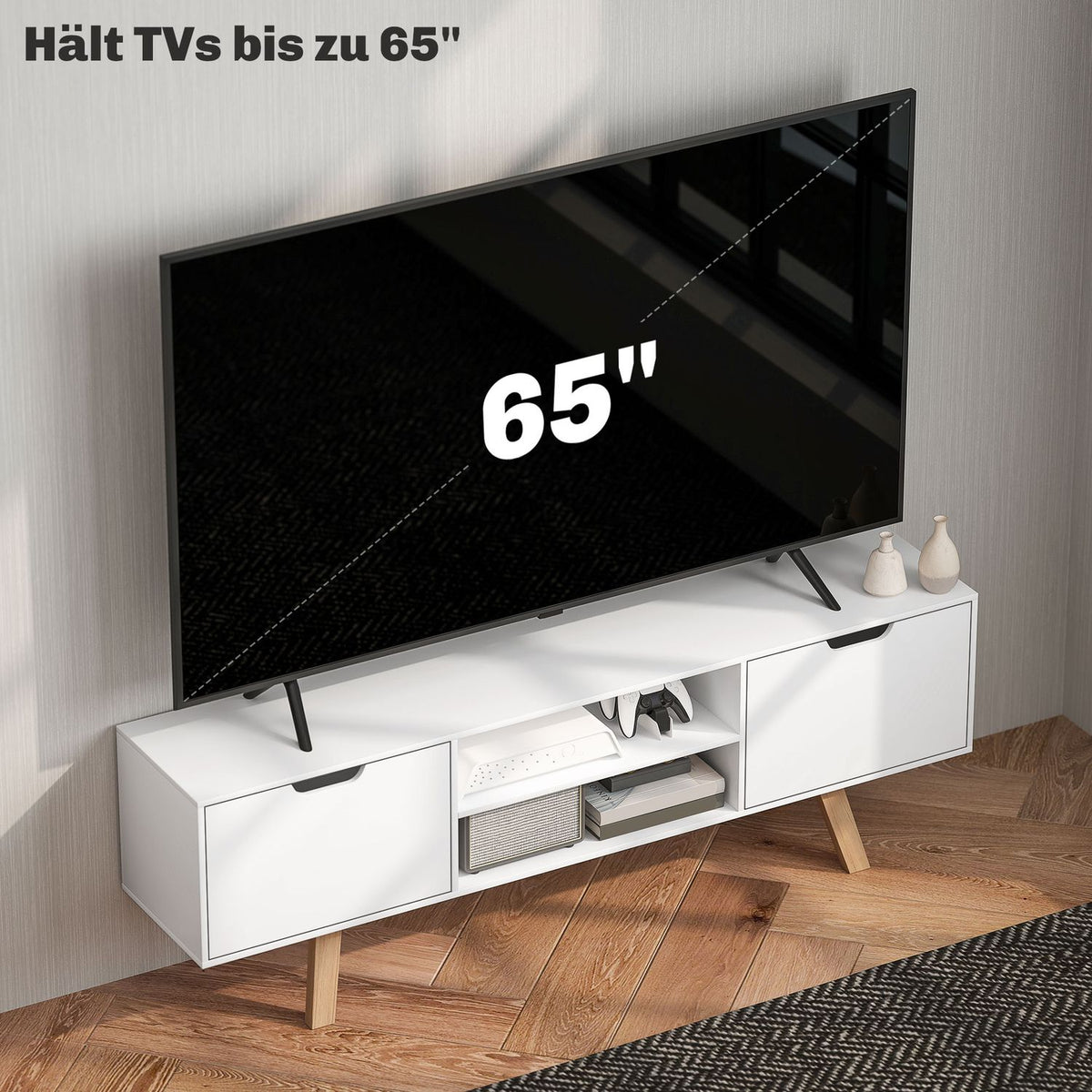 TV cabinet, TV stand for televisions up to 65 inches, lowboard with 2 cabinets and 2 shelves, TV cabinet for living room, 150 x 39 x 50 cm white