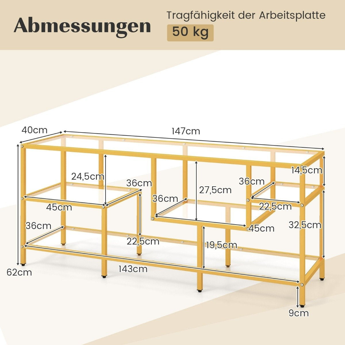 TV cabinet TV table for televisions up to 65 inches TV table gold 147 x 40 x 62 cm