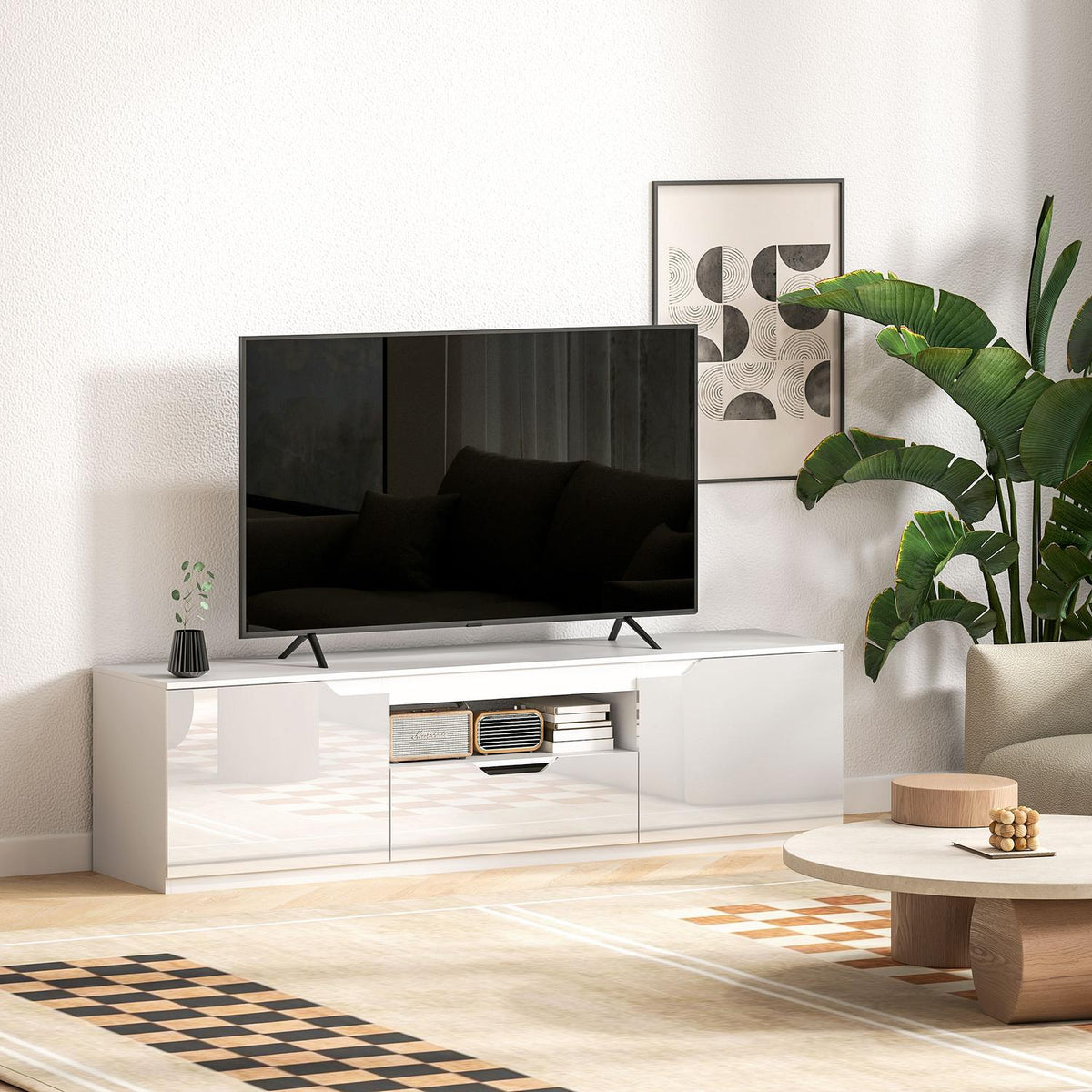 TV cabinet lowboard with 2 doors, drawer, 160 cm long TV stand for TVs up to 65 inches, TV board with cable management for living room, white