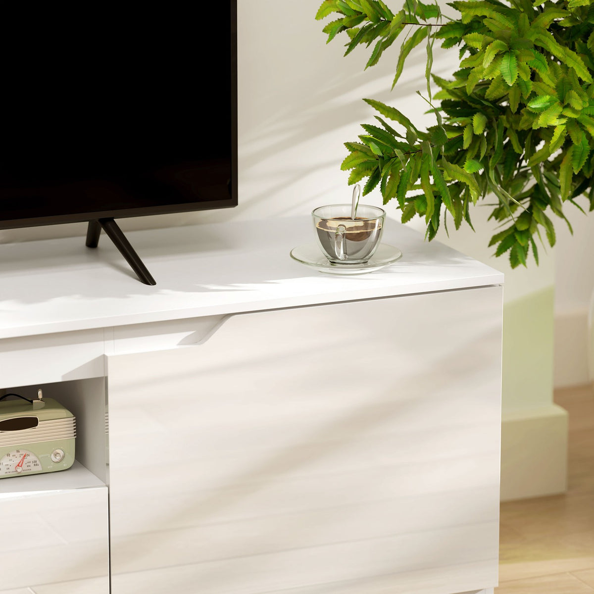 TV cabinet lowboard with 2 doors, drawer, 160 cm long TV stand for TVs up to 65 inches, TV board with cable management for living room, white