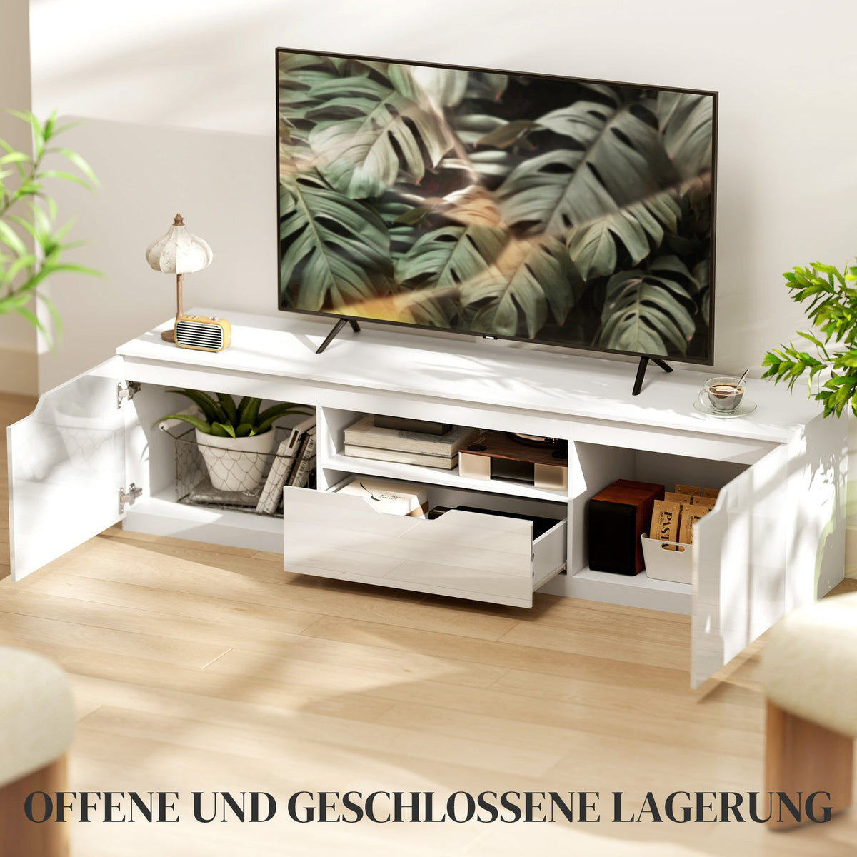 TV cabinet lowboard with 2 doors, drawer, 160 cm long TV stand for TVs up to 65 inches, TV board with cable management for living room, white