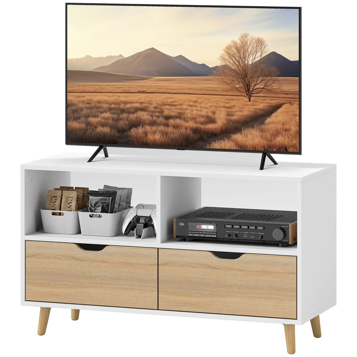 TV cabinet lowboard with 2 shelves, drawer, 99 cm long TV table for television, TV board for living room, white