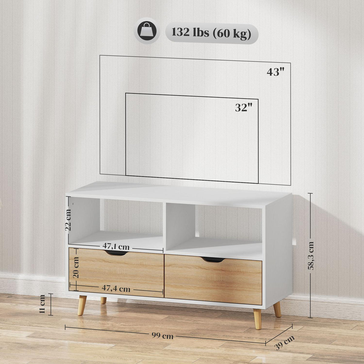 TV cabinet lowboard with 2 shelves, drawer, 99 cm long TV table for television, TV board for living room, white