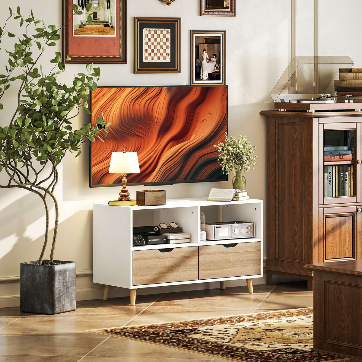 TV cabinet lowboard with 2 shelves, drawer, 99 cm long TV table for television, TV board for living room, white
