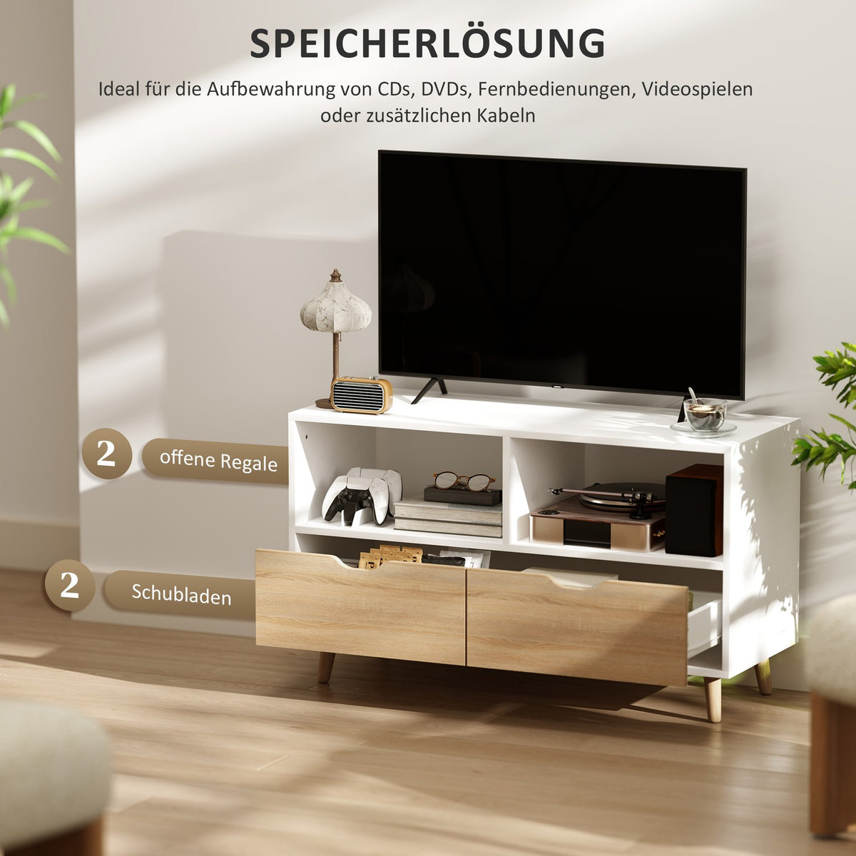 TV cabinet lowboard with 2 shelves, drawer, 99 cm long TV table for television, TV board for living room, white