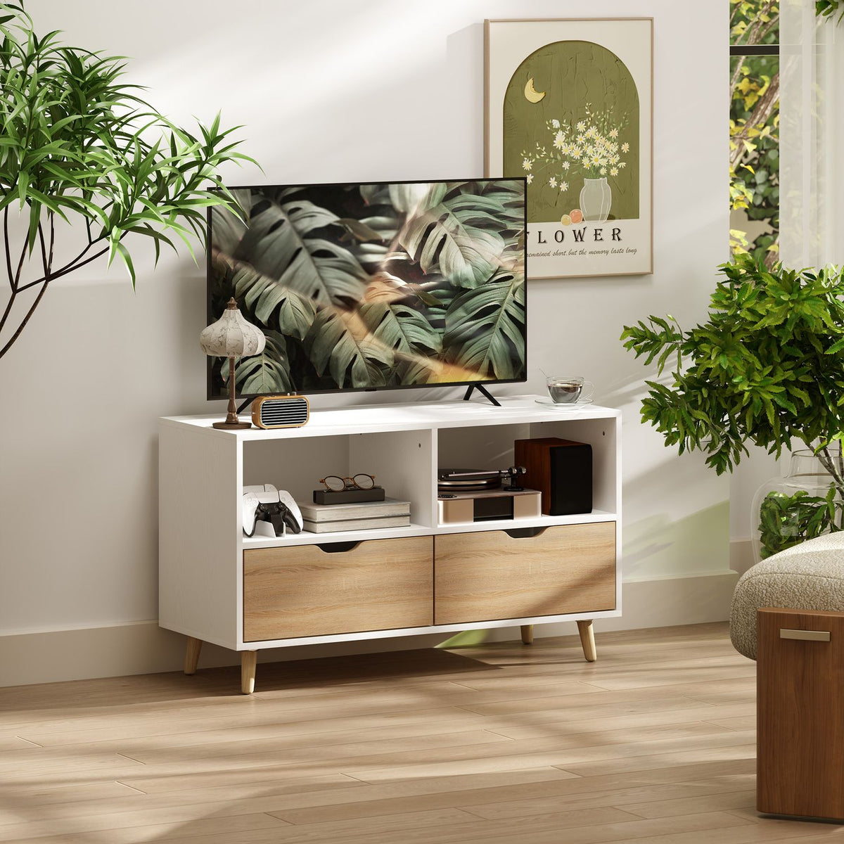 TV cabinet lowboard with 2 shelves, drawer, 99 cm long TV table for television, TV board for living room, white