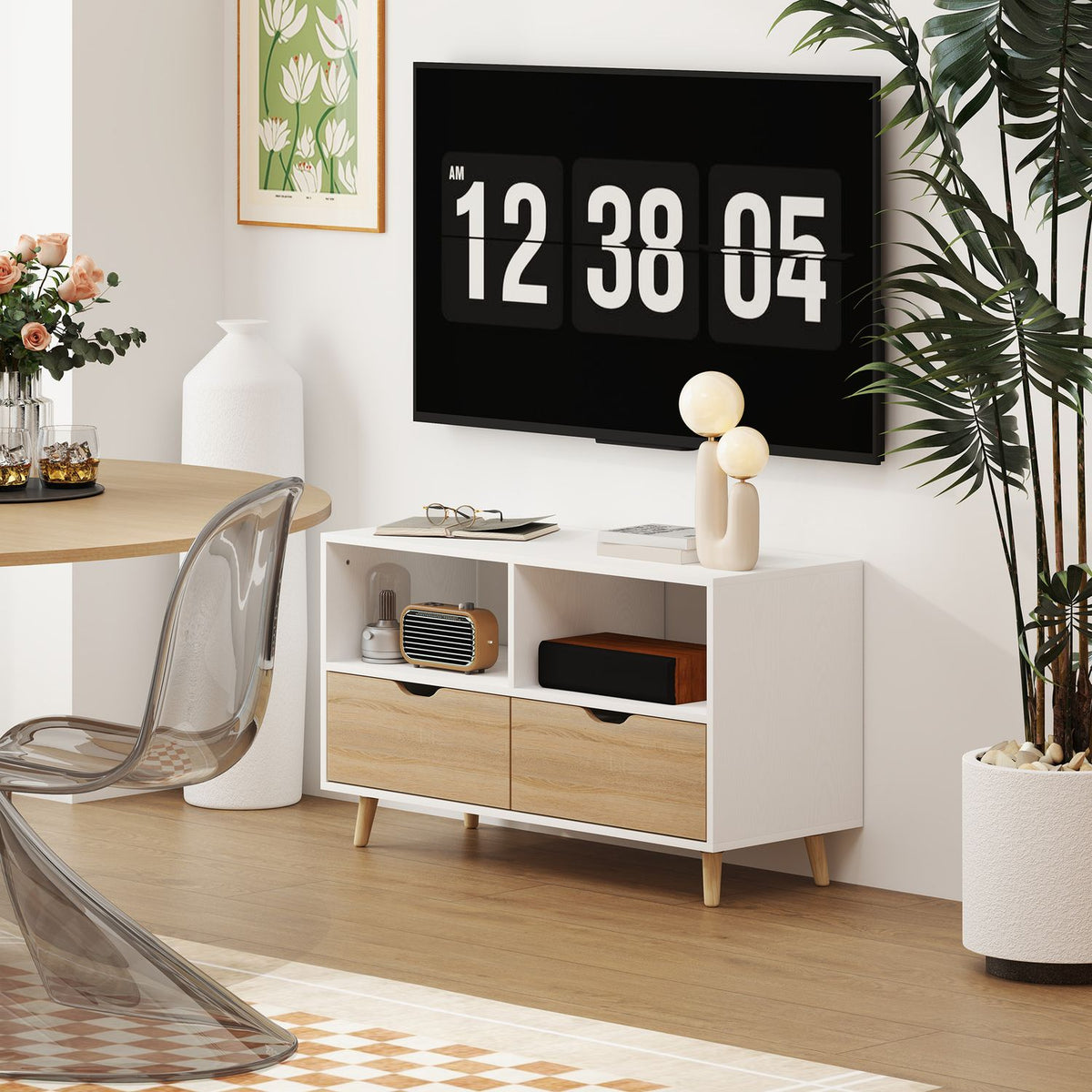 TV cabinet lowboard with 2 shelves, drawer, 99 cm long TV table for television, TV board for living room, white