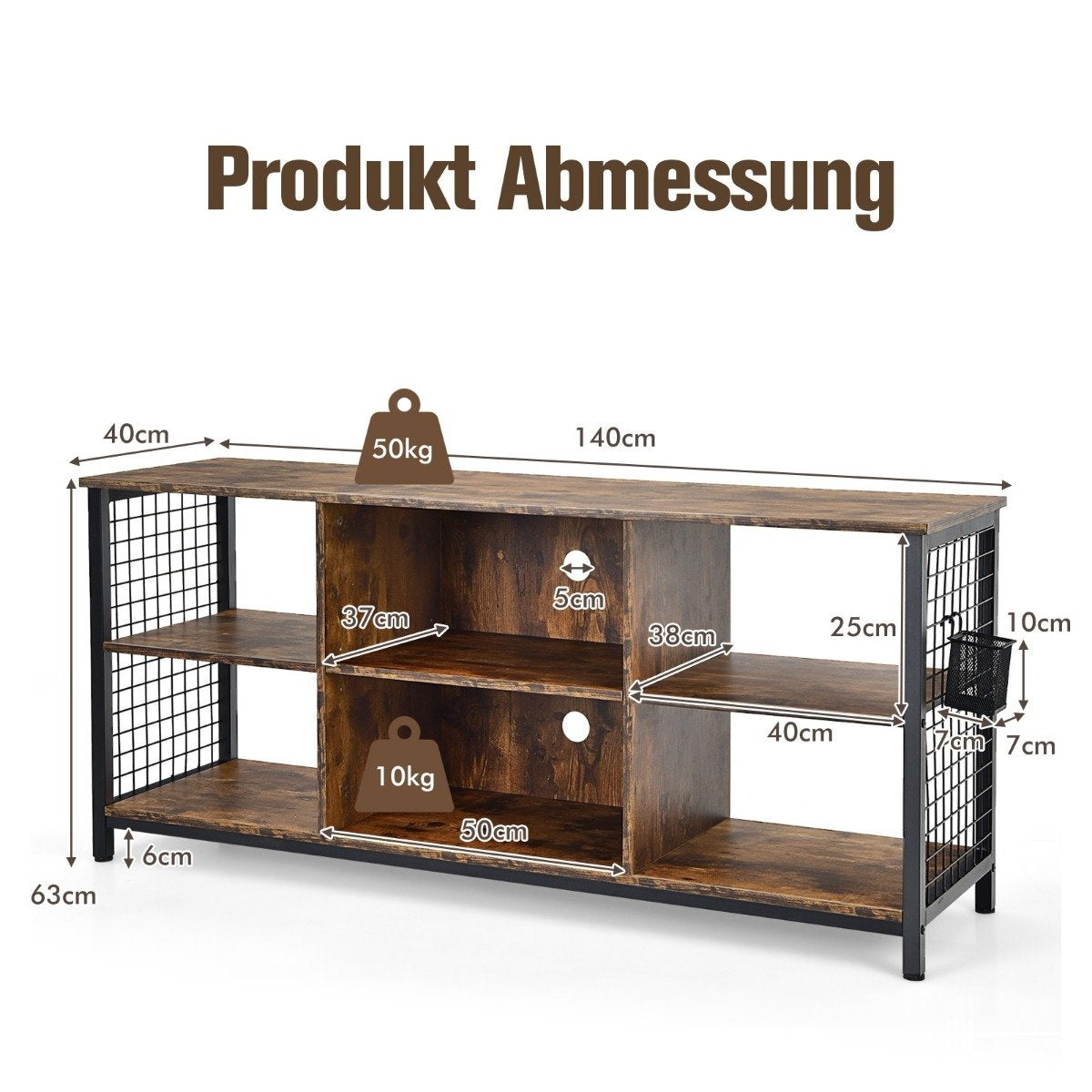 TV cabinet lowboard with open compartments TV shelf for televisions up to 65 inches 140 x 40 x 62.5 cm Rustic brown