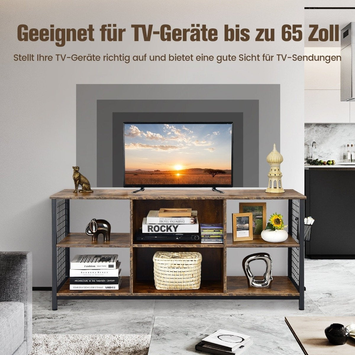 TV cabinet lowboard with open compartments TV shelf for televisions up to 65 inches 140 x 40 x 62.5 cm Rustic brown