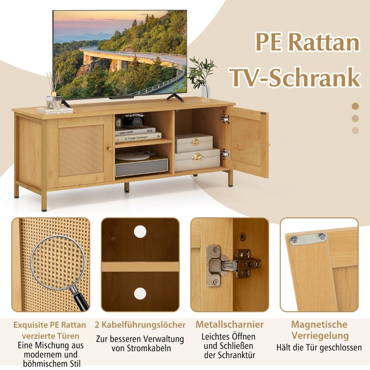 TV cabinet rattan lowboard with 2 doors and open shelves TV stand for televisions up to 55 inches 120 x 40 x 48 cm