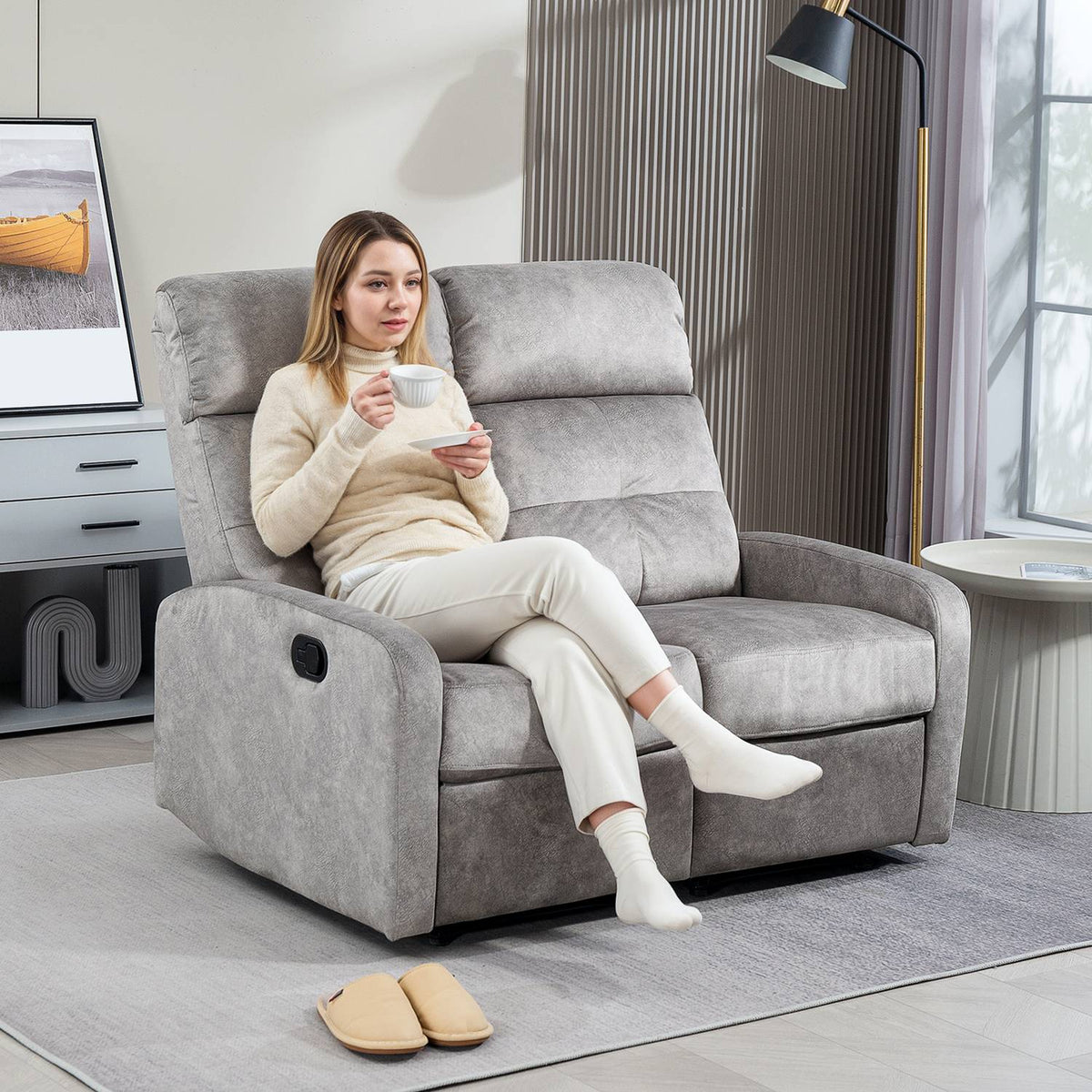 TV chair, relaxation chair with reclining function, 2-seater sofa, TV chair with pocket spring core, two-seater cinema chair with footrest for living room, bedroom, gray