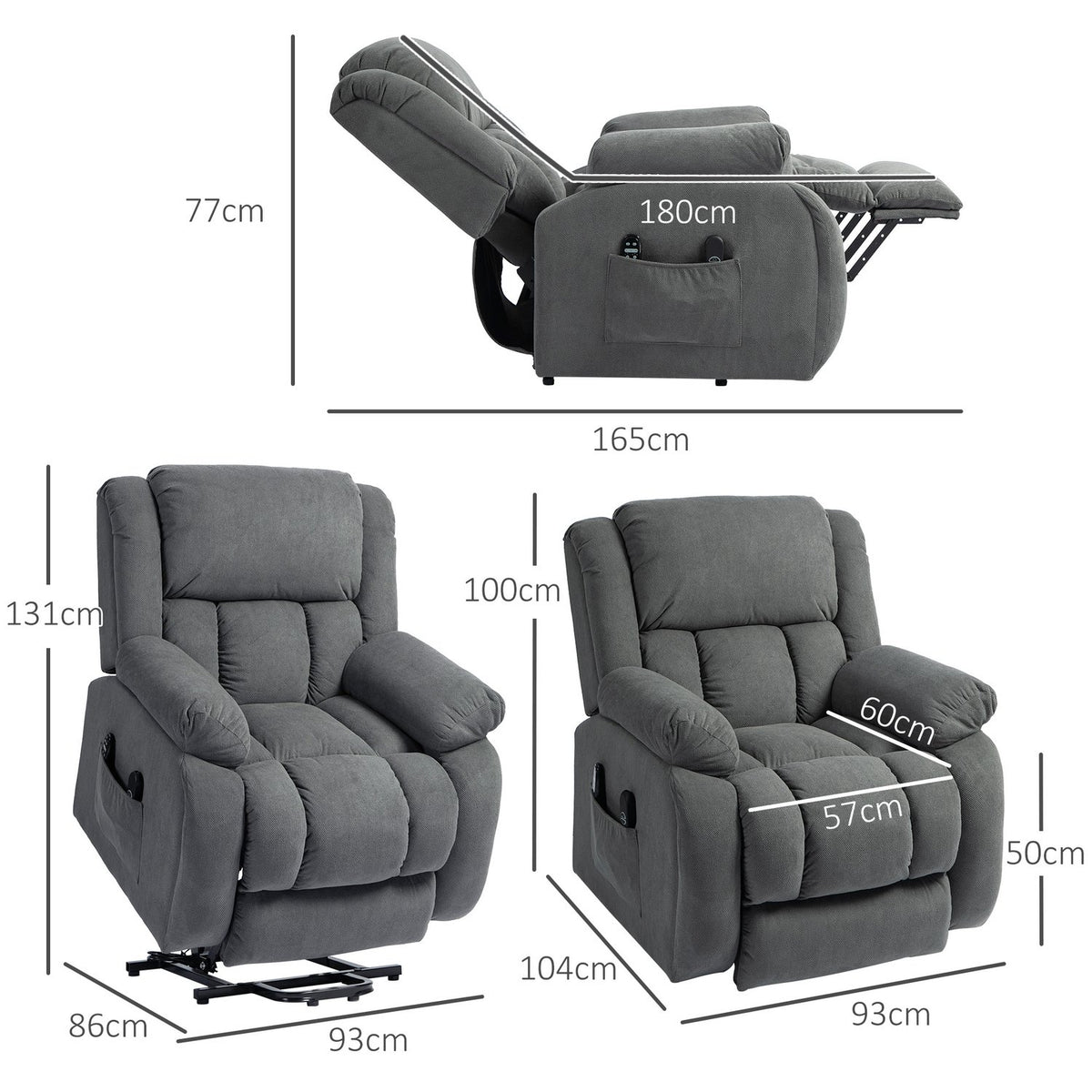 TV chair with massage and heat function, electric riser, remote control, side pockets, grey