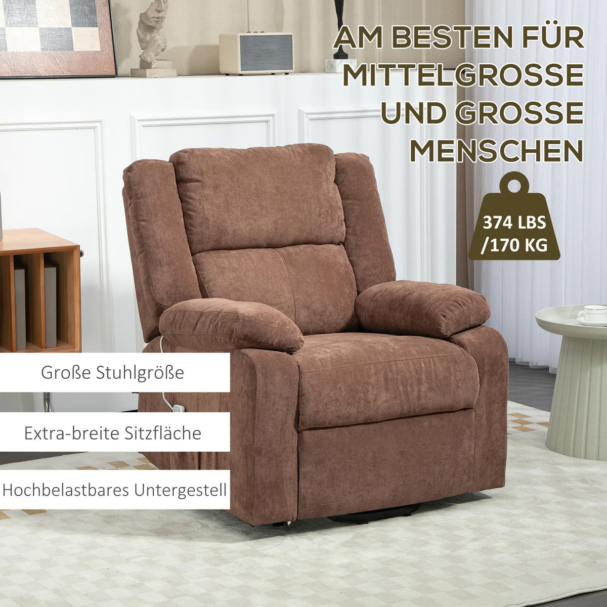 TV chair with stand-up aid, electric relaxation chair with reclining function, 3 motors, TV chair with pocket spring, weightlessness, side pocket and remote control, light brown
