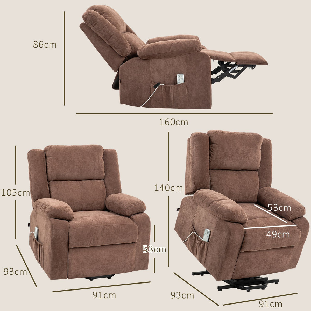 TV chair with stand-up aid, electric relaxation chair with reclining function, 3 motors, TV chair with pocket spring, weightlessness, side pocket and remote control, light brown