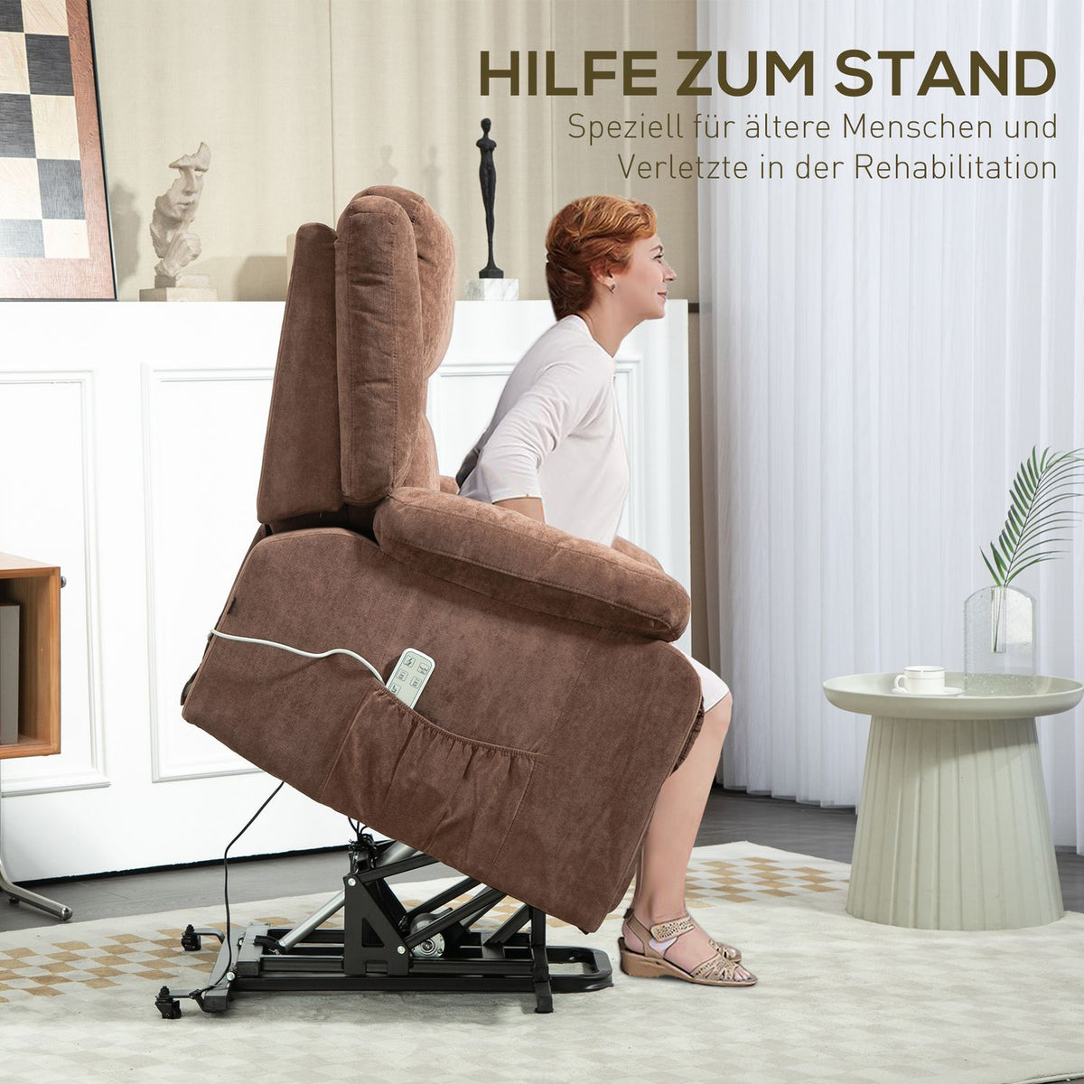 TV chair with stand-up aid, electric relaxation chair with reclining function, 3 motors, TV chair with pocket spring, weightlessness, side pocket and remote control, light brown