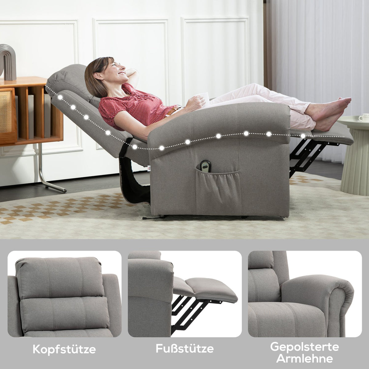 TV chair with stand-up aid, electric relaxation chair with reclining function, heating function, massage chair with pocket spring