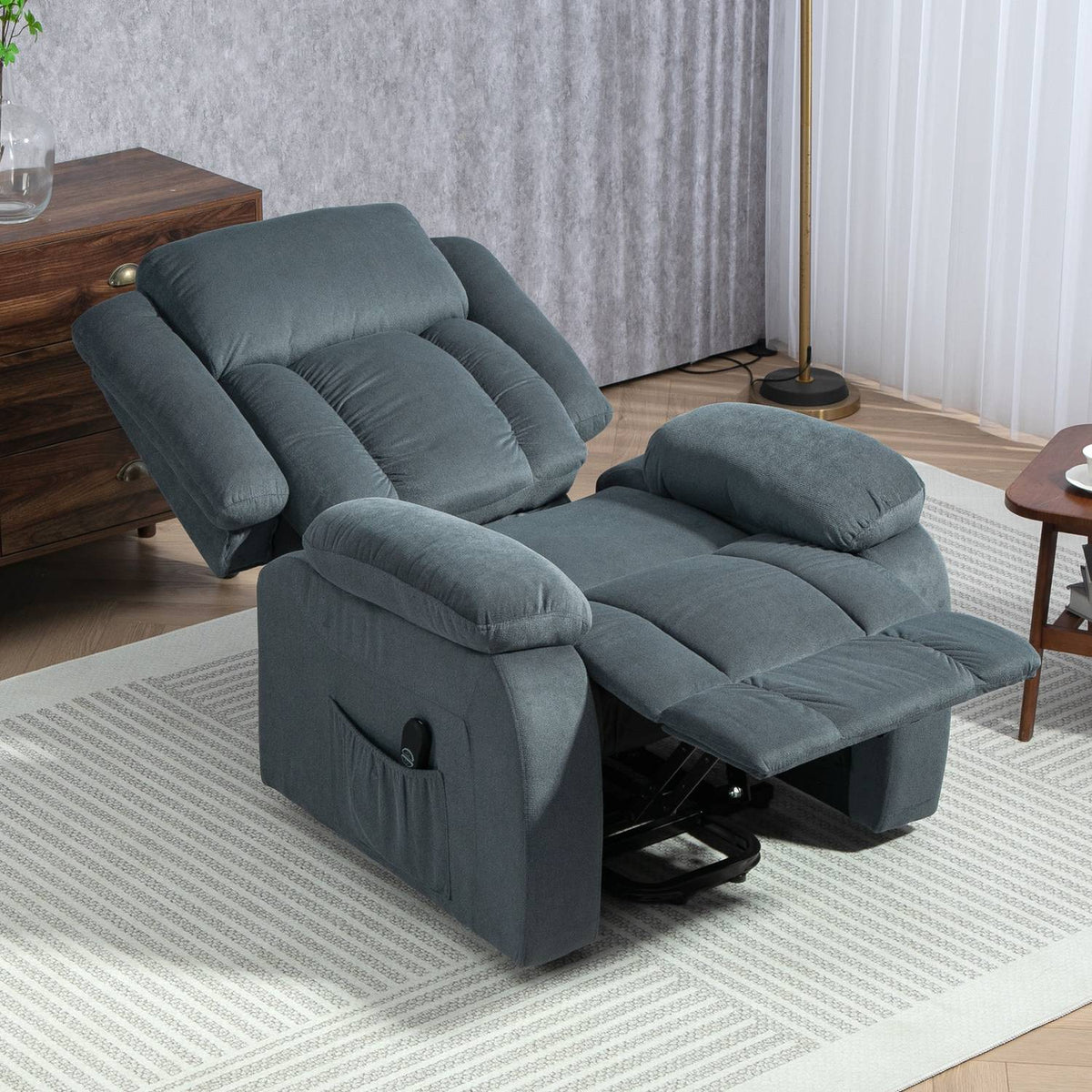 TV chair with stand-up aid, electric relaxation chair with reclining function, upholstered TV chair with remote control, suspension system and side pocket, for living room, velvet, gray