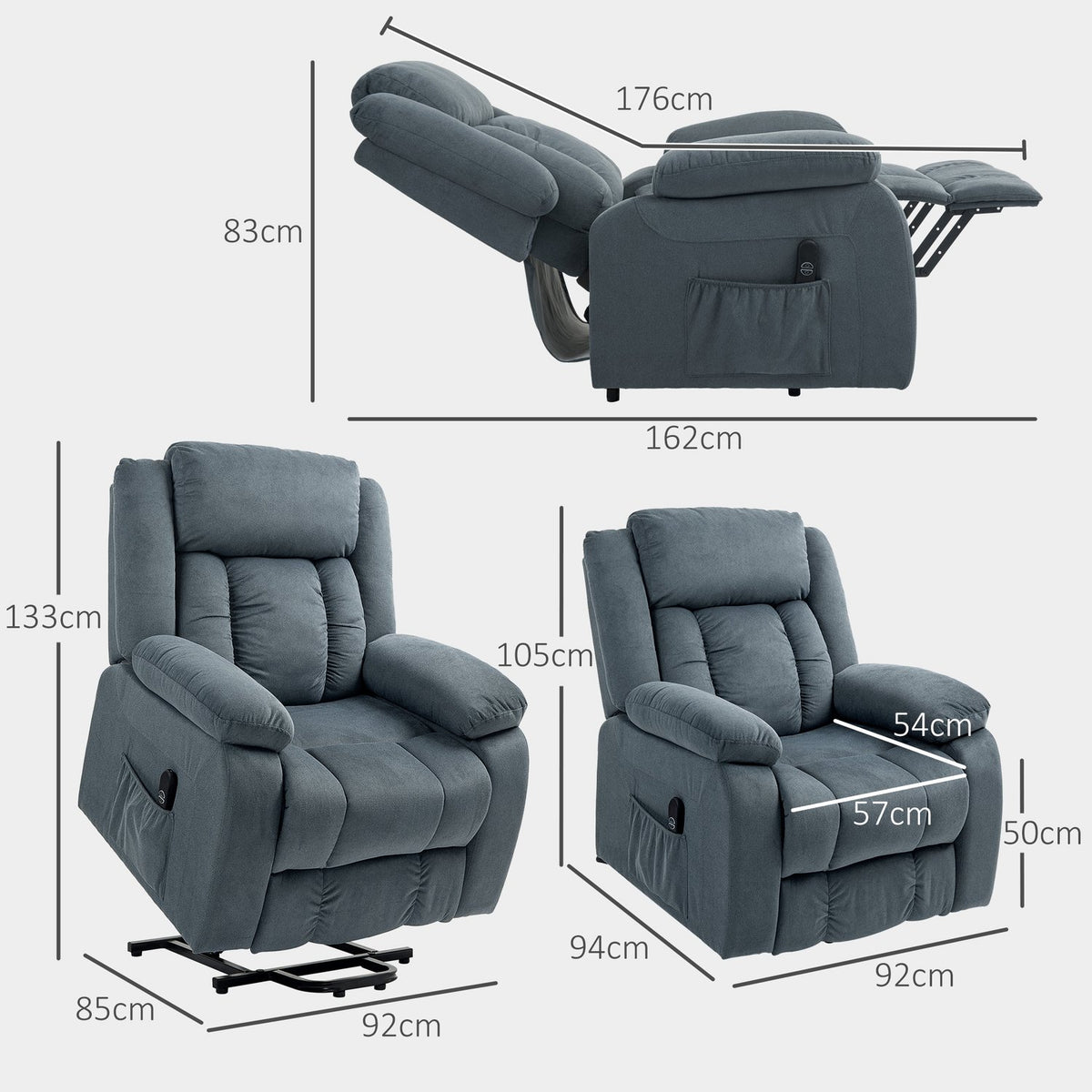 TV chair with stand-up aid, electric relaxation chair with reclining function, upholstered TV chair with remote control, suspension system and side pocket, for living room, velvet, gray