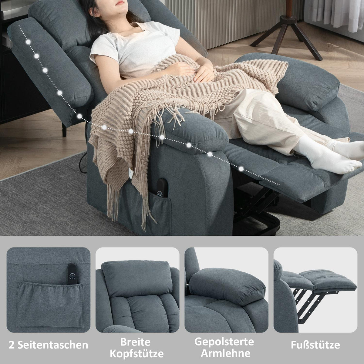 TV chair with stand-up aid, electric relaxation chair with reclining function, upholstered TV chair with remote control, suspension system and side pocket, for living room, velvet, gray