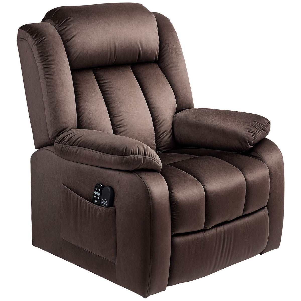 TV chair with stand-up aid, electric relaxation chair with reclining function, vibration massage, heating function, TV chair with pocket spring core, side pocket and remote control, brown