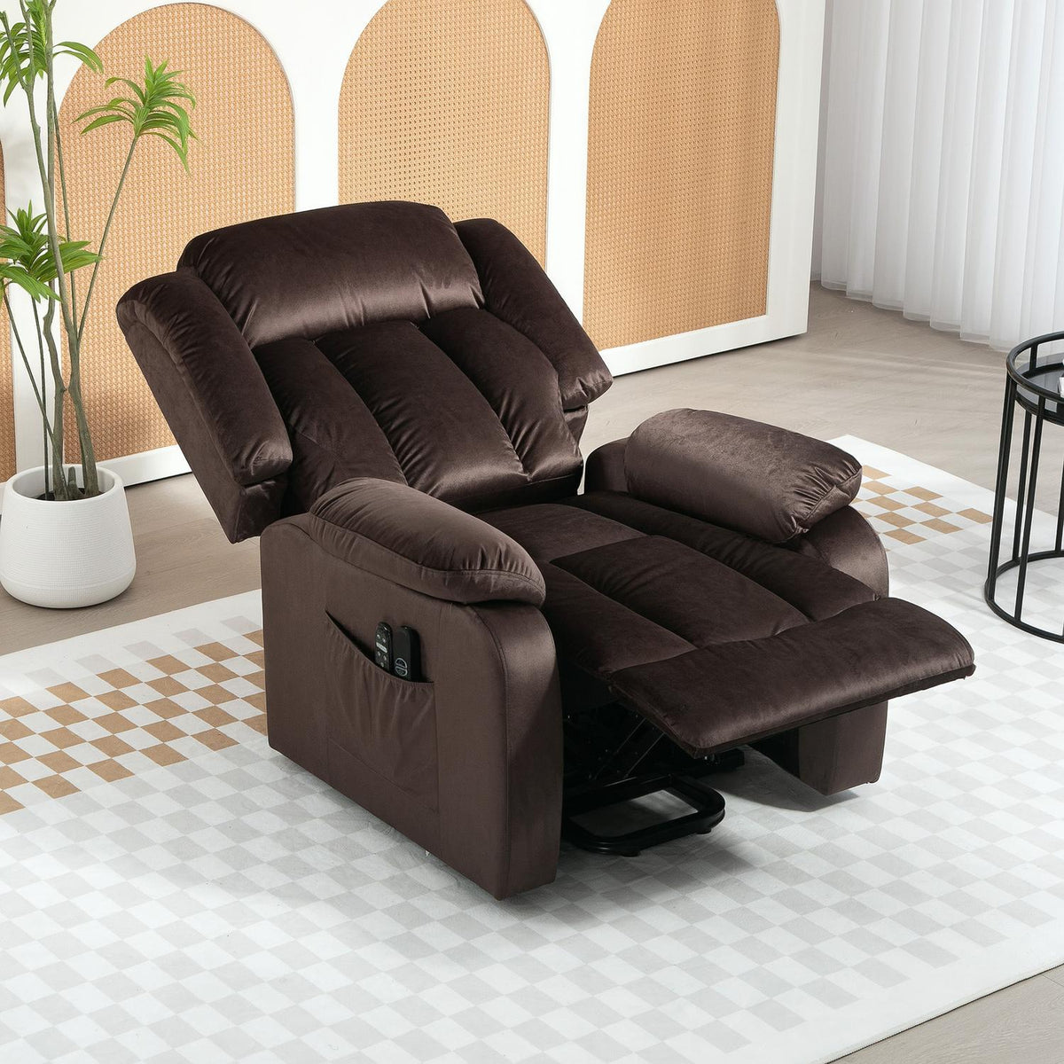 TV chair with stand-up aid, electric relaxation chair with reclining function, vibration massage, heating function, TV chair with pocket spring core, side pocket and remote control, brown