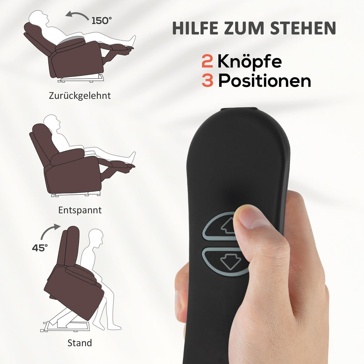 TV chair with stand-up aid, electric relaxation chair with reclining function, vibration massage, heating function, TV chair with pocket spring core, side pocket and remote control, brown