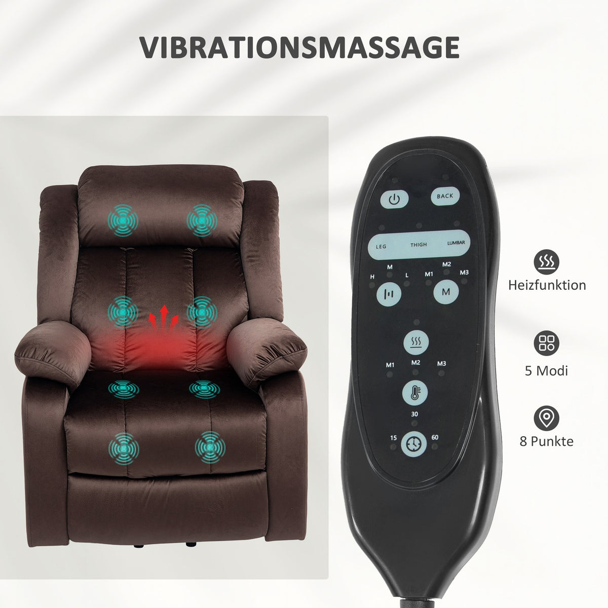 TV chair with stand-up aid, electric relaxation chair with reclining function, vibration massage, heating function, TV chair with pocket spring core, side pocket and remote control, brown