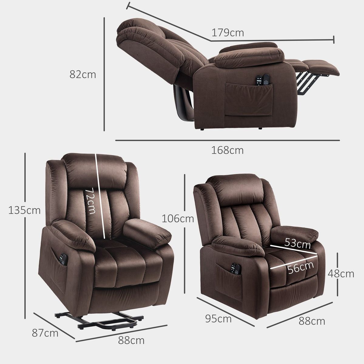 TV chair with stand-up aid, electric relaxation chair with reclining function, vibration massage, heating function, TV chair with pocket spring core, side pocket and remote control, brown