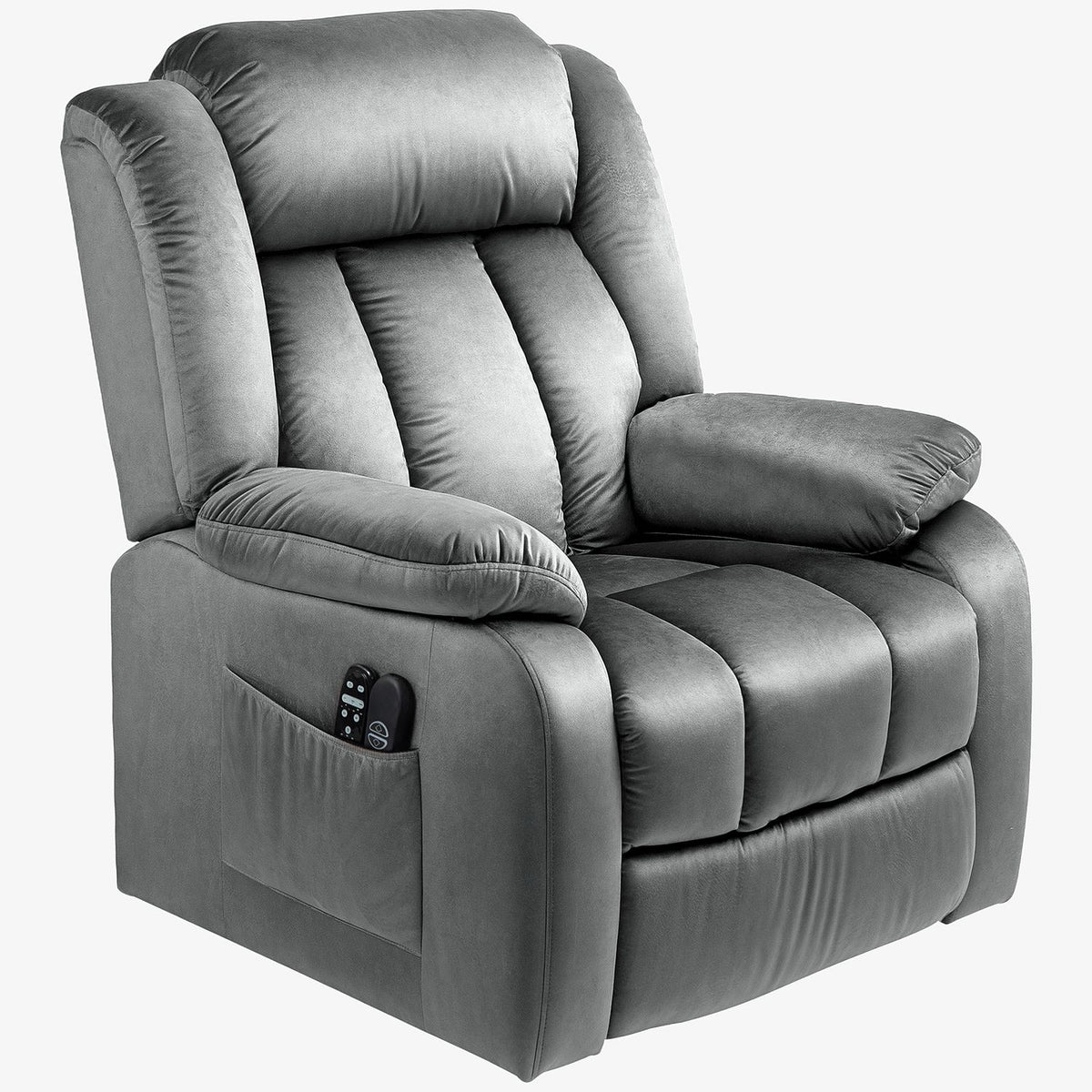 TV chair with stand-up aid, electric relaxation chair with reclining function, vibration massage, heating function, TV chair with pocket spring core, side pocket and remote control, dark gray