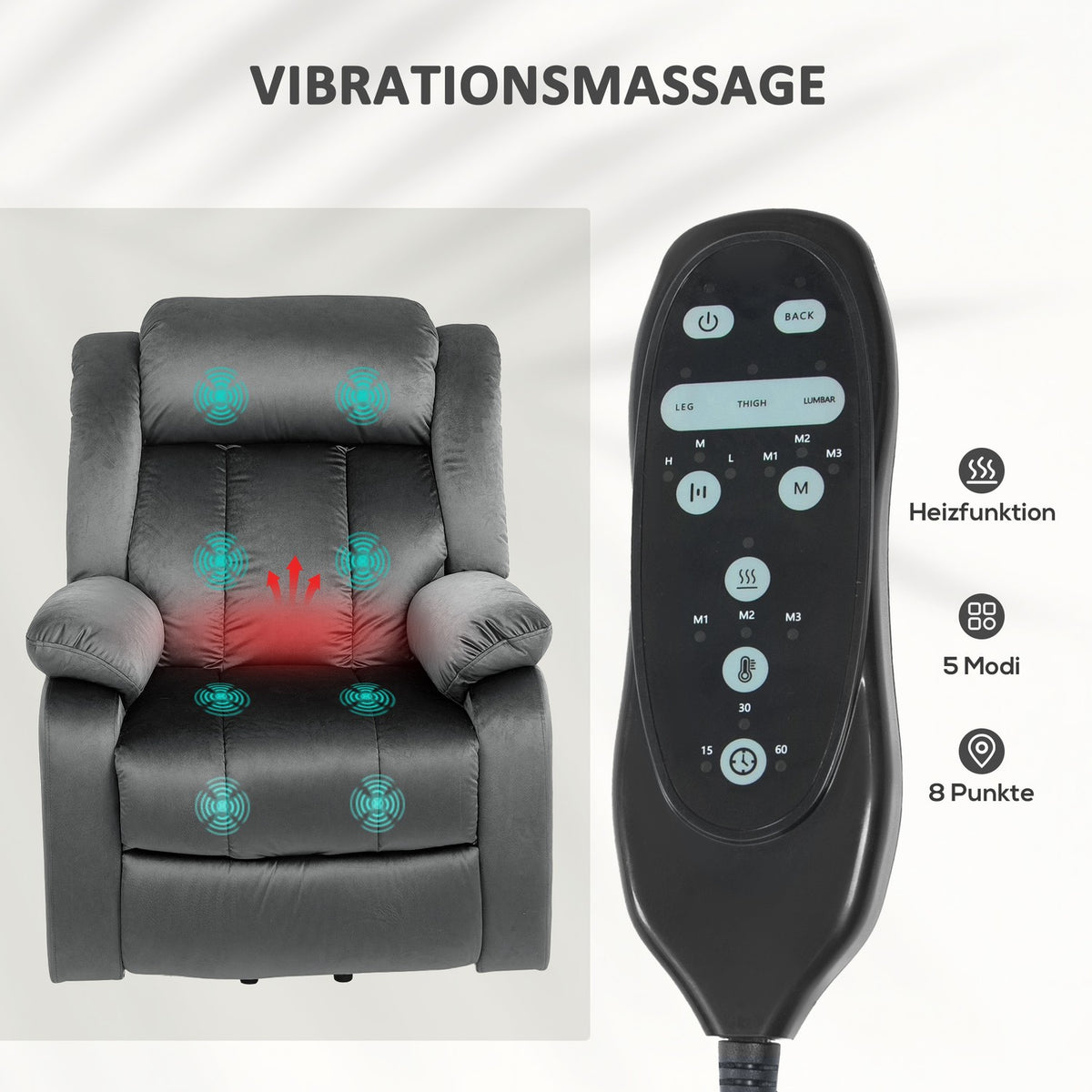 TV chair with stand-up aid, electric relaxation chair with reclining function, vibration massage, heating function, TV chair with pocket spring core, side pocket and remote control, dark gray