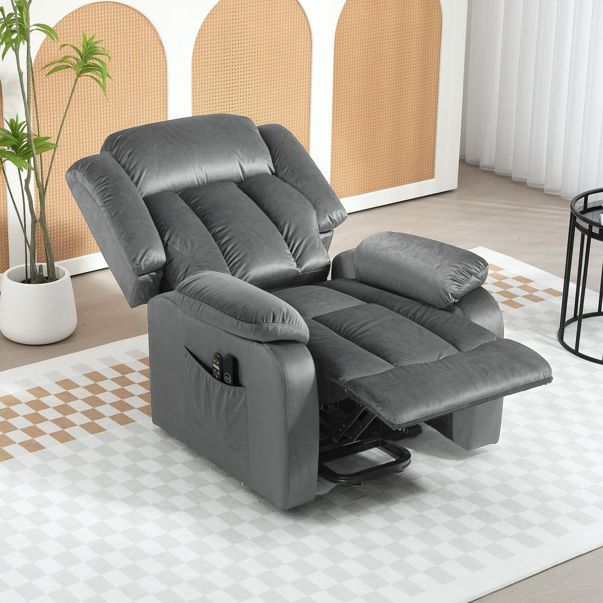 TV chair with stand-up aid, electric relaxation chair with reclining function, vibration massage, heating function, TV chair with pocket spring core, side pocket and remote control, dark gray