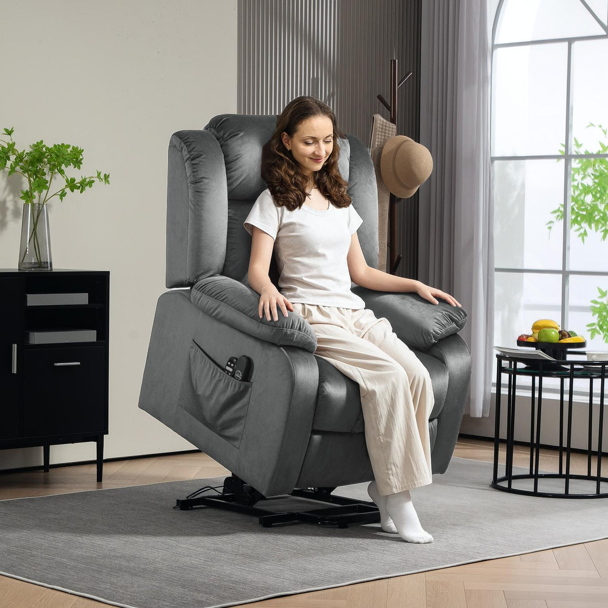 TV chair with stand-up aid, electric relaxation chair with reclining function, vibration massage, heating function, TV chair with pocket spring core, side pocket and remote control, dark gray