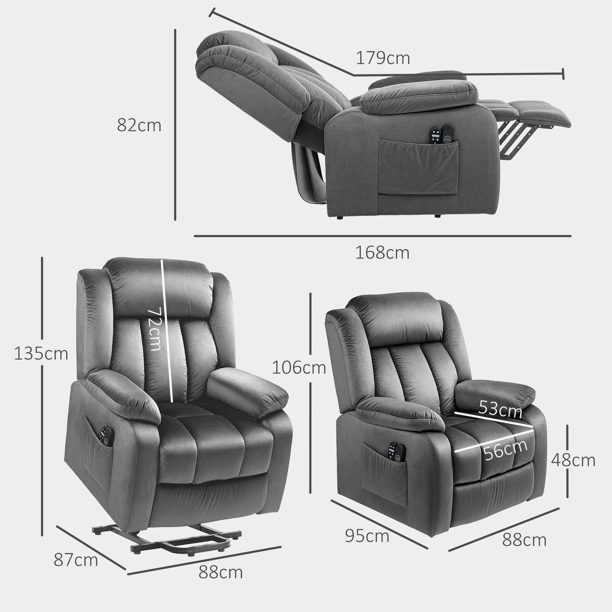 TV chair with stand-up aid, electric relaxation chair with reclining function, vibration massage, heating function, TV chair with pocket spring core, side pocket and remote control, dark gray
