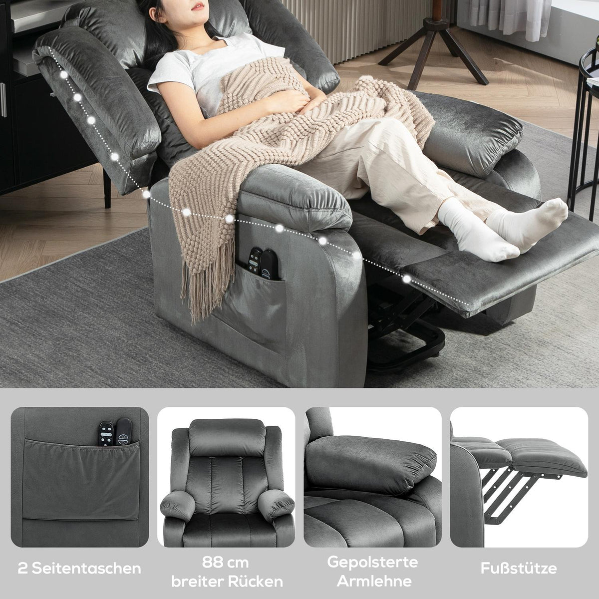 TV chair with stand-up aid, electric relaxation chair with reclining function, vibration massage, heating function, TV chair with pocket spring core, side pocket and remote control, dark gray