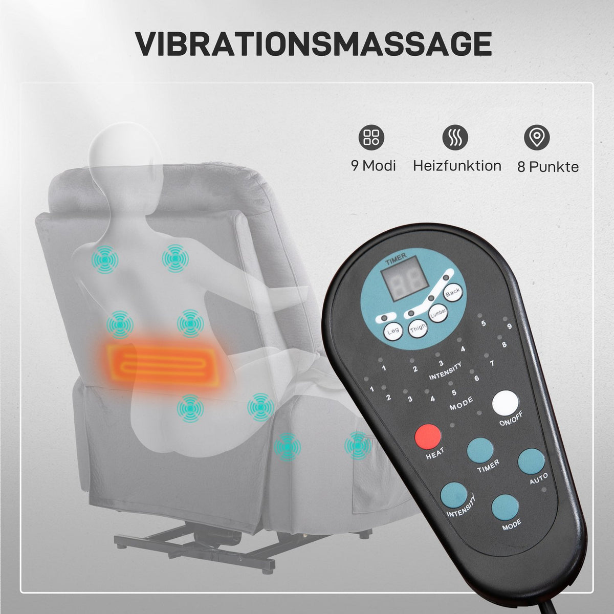 TV chair with stand-up aid, heat and massage function, remote control and side pocket, dark grey