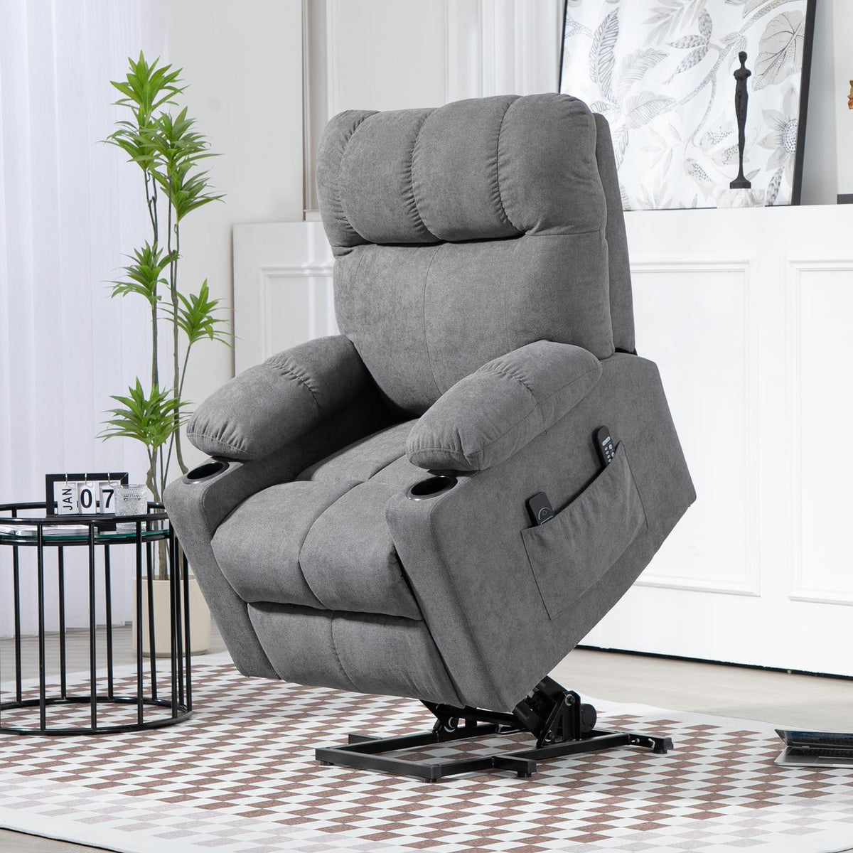 TV chair with stand-up aid, height adjustable, 135° tilt, with 3 modes, 8 massage points, remote control, 144 x 91 x 88 cm, gray