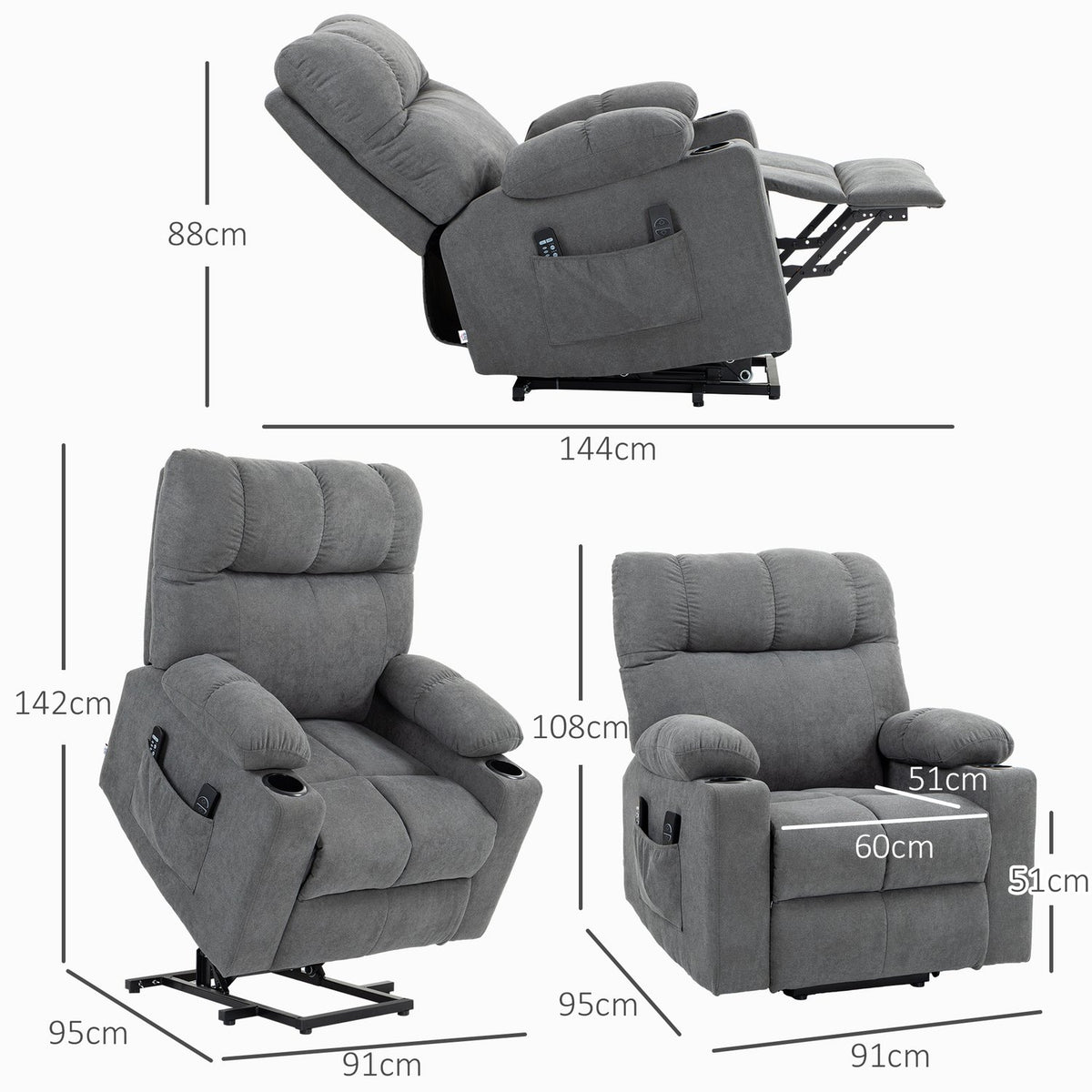TV chair with stand-up aid, height adjustable, 135° tilt, with 3 modes, 8 massage points, remote control, 144 x 91 x 88 cm, gray