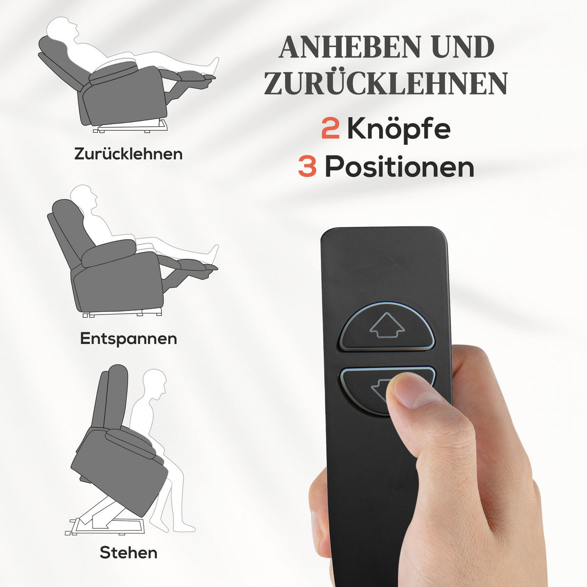 TV chair with stand-up aid, height adjustable, 135° tilt, with 3 modes, 8 massage points, remote control, 144 x 91 x 88 cm, gray