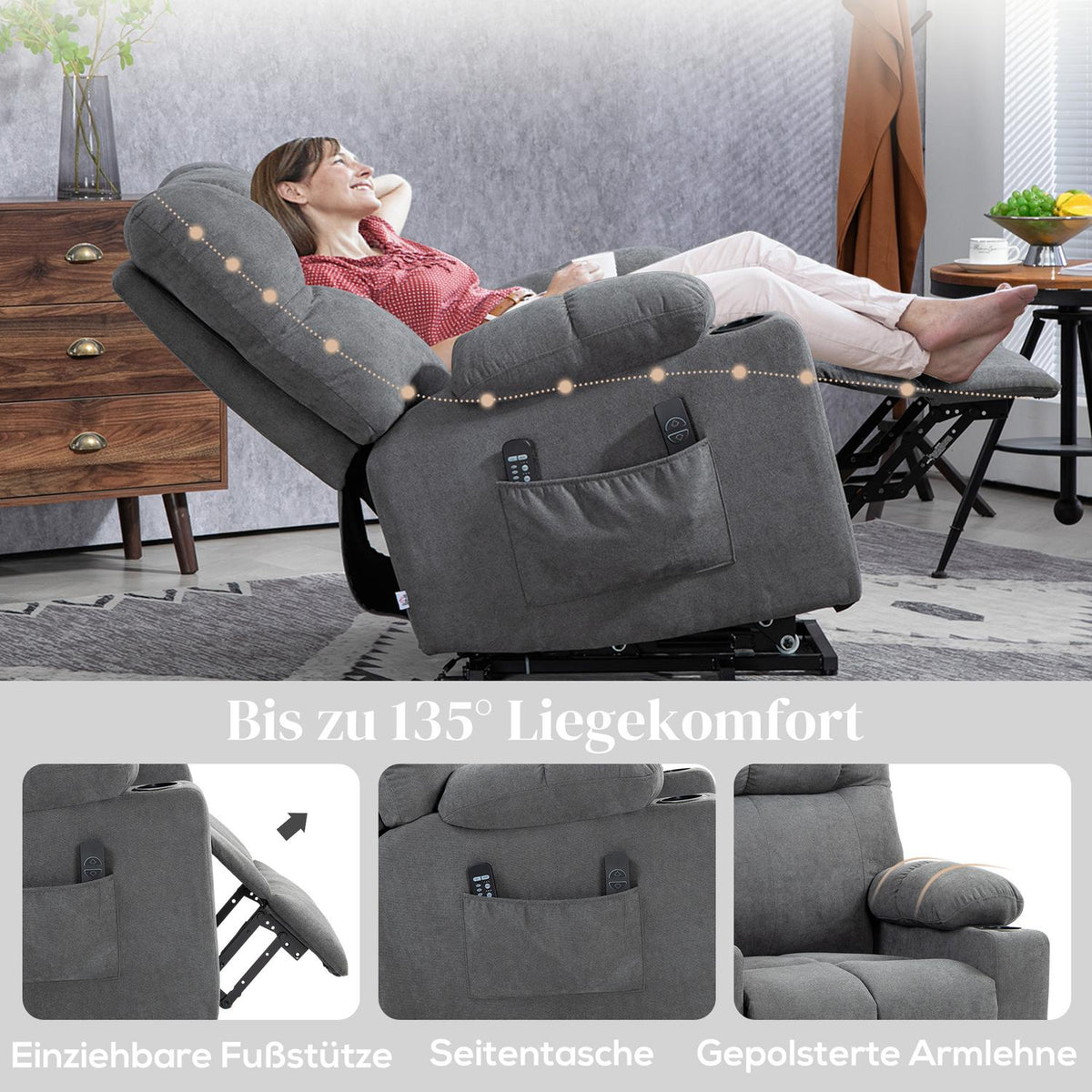 TV chair with stand-up aid, height adjustable, 135° tilt, with 3 modes, 8 massage points, remote control, 144 x 91 x 88 cm, gray