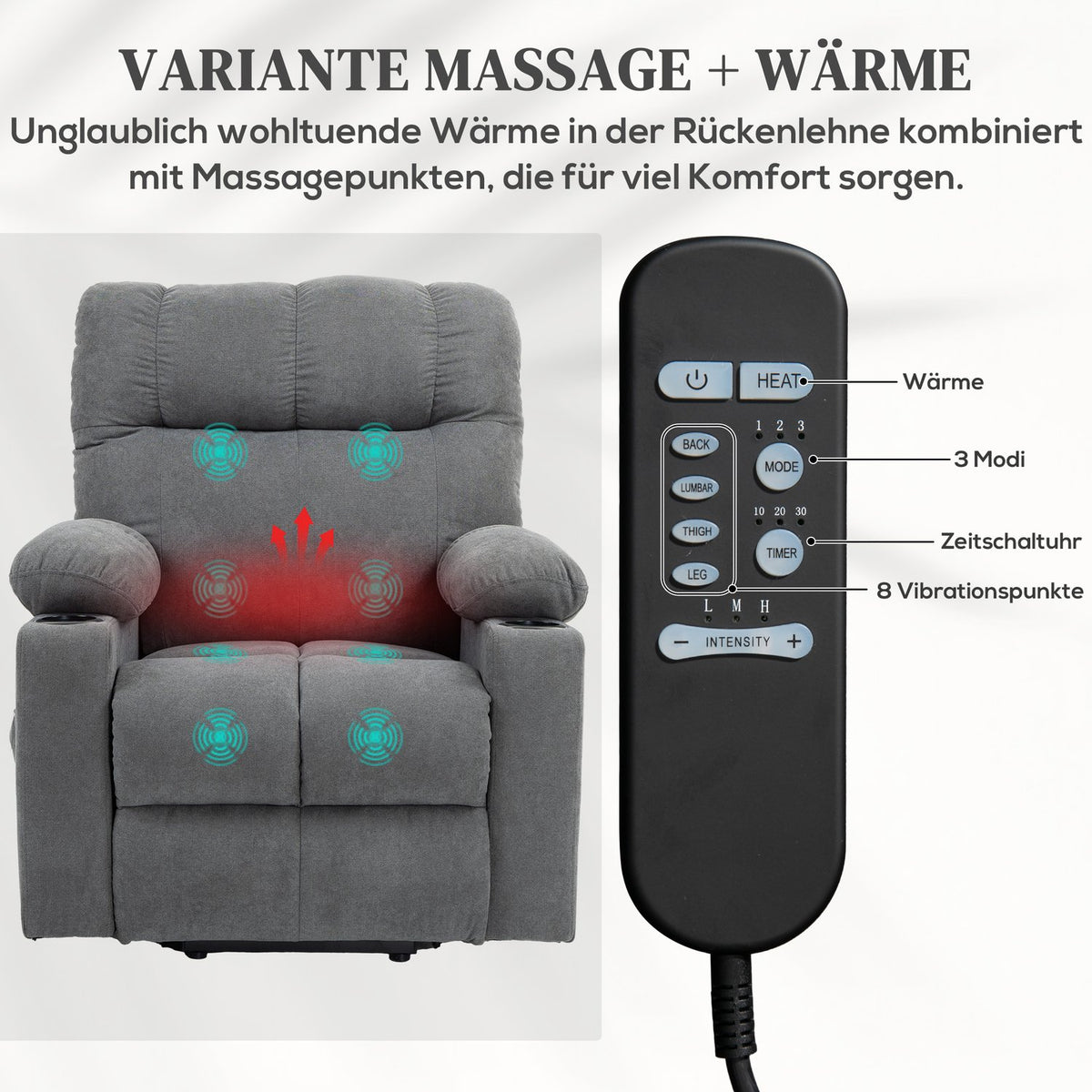 TV chair with stand-up aid, height adjustable, 135° tilt, with 3 modes, 8 massage points, remote control, 144 x 91 x 88 cm, gray