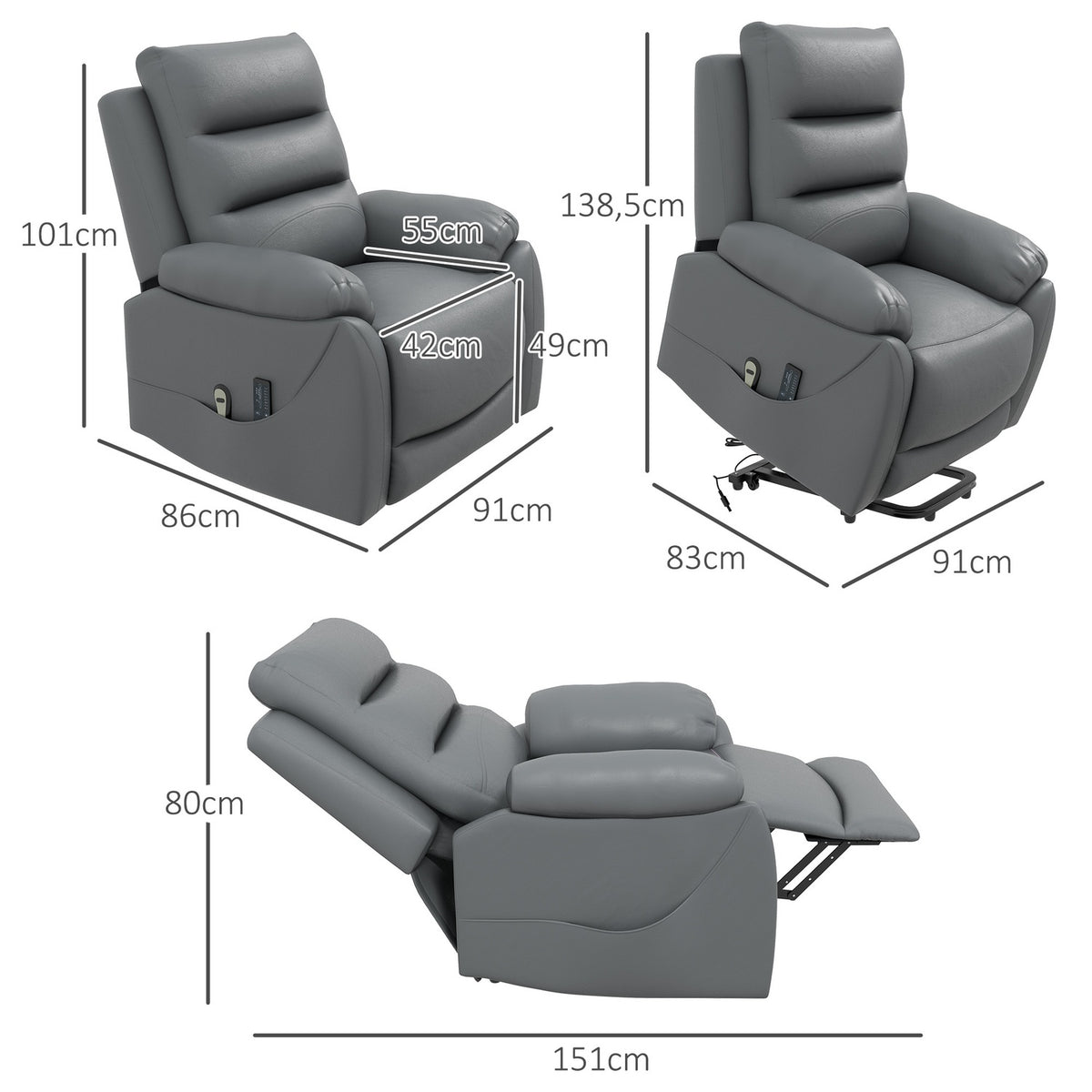 TV chair with stand-up aid, up to 180 kg, electric relaxation chair with reclining function, vibration massage, TV chair with remote control