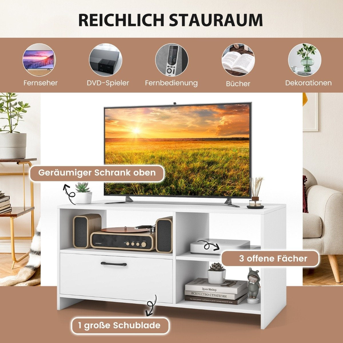 TV stand TV cabinet for television with open compartments and drawer 104.5 x 51.5 x 52 cm white