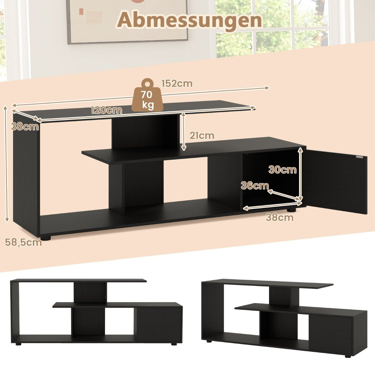 TV stand for TVs up to 55 inches with shelves &amp; Cabinet TV cabinet lowboard black