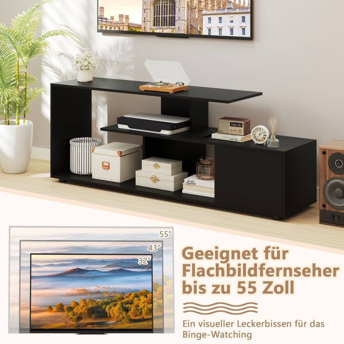 TV stand for TVs up to 55 inches with shelves &amp; Cabinet TV cabinet lowboard black